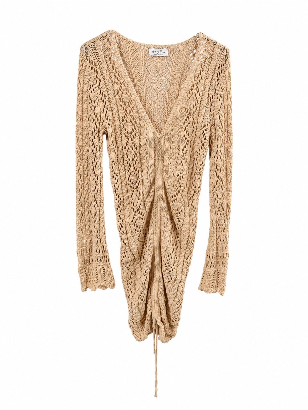 emory park Beige Crochet V-Neck Drawstring Sweater